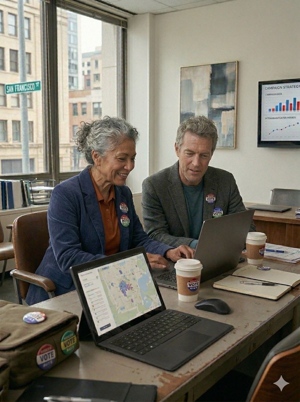 Small group of campaign managers smiling together in a modern office